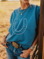 Horseshoe Graphic Round Neck Short Sleeve Sweater - Plush Fashion Hub