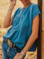 Horseshoe Graphic Round Neck Short Sleeve Sweater - Plush Fashion Hub