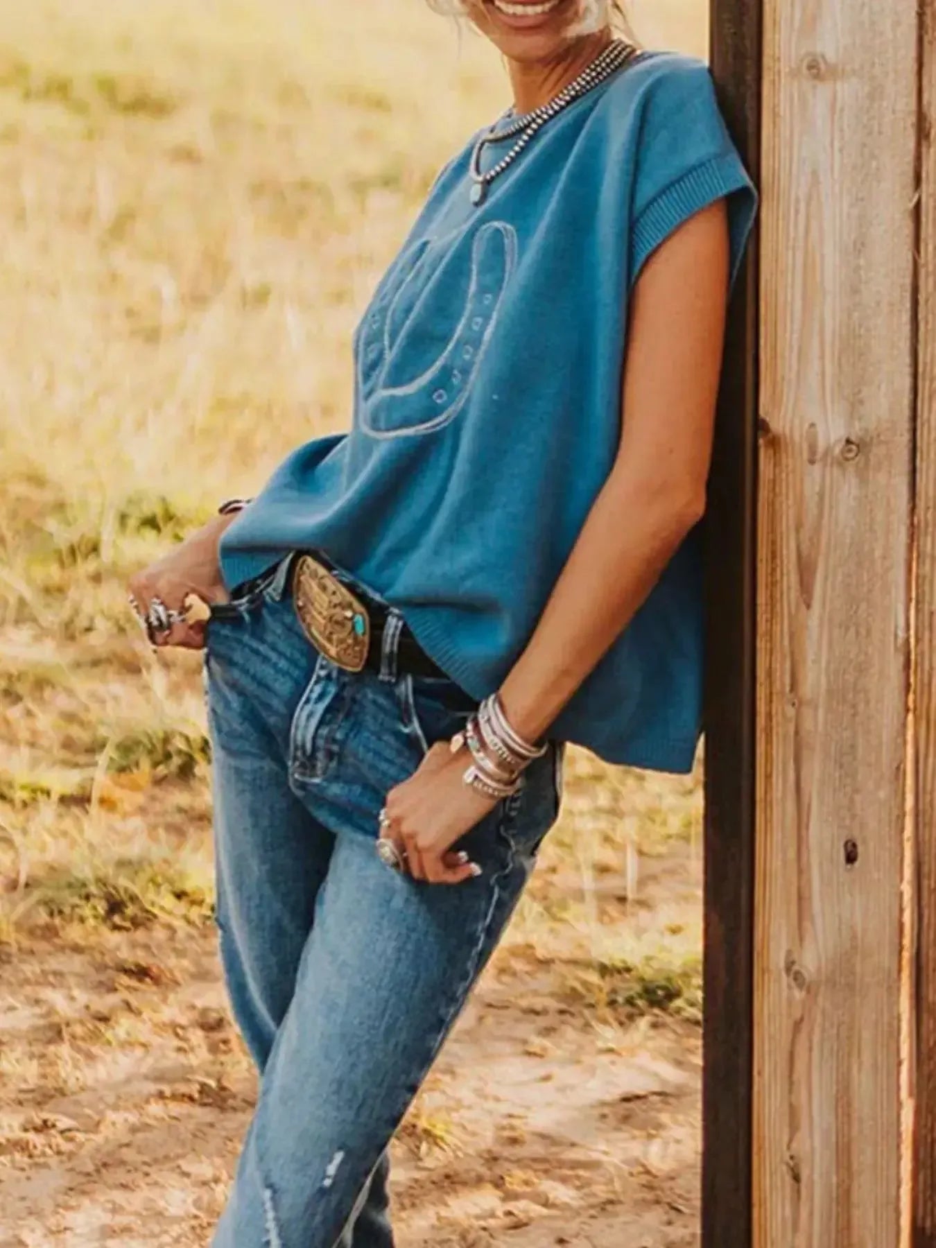 Horseshoe Graphic Round Neck Short Sleeve Sweater - Plush Fashion Hub