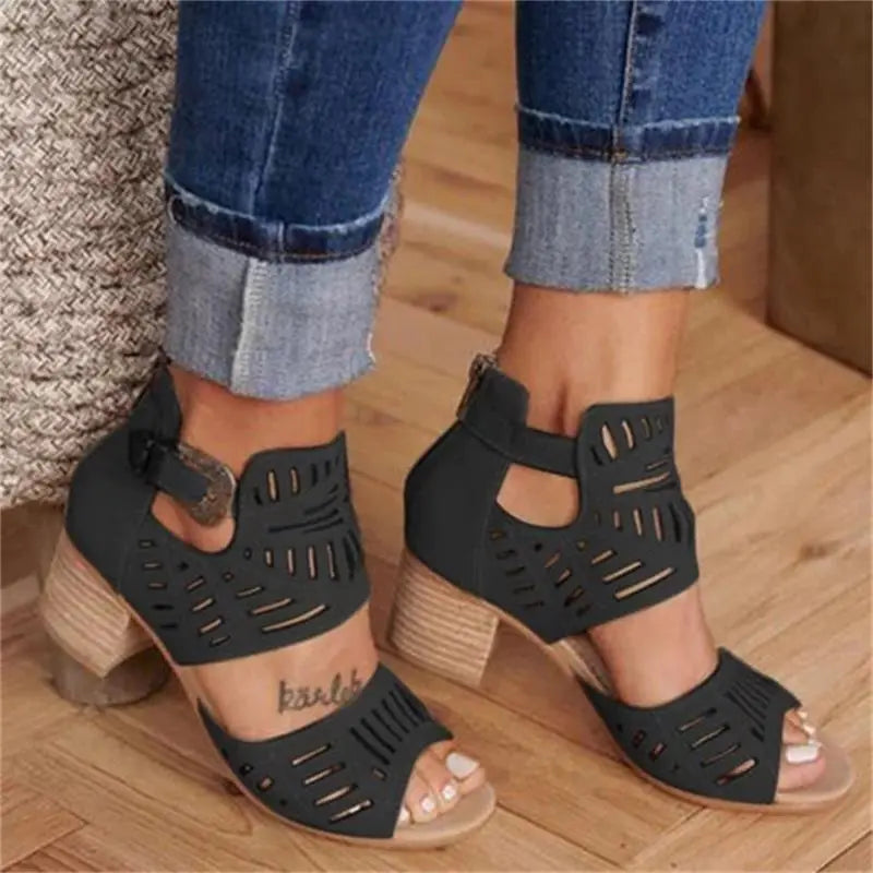 Women's floral cutout chunky heel sandals by Trendy Attic Store01, featuring open toe and stylish floral design.