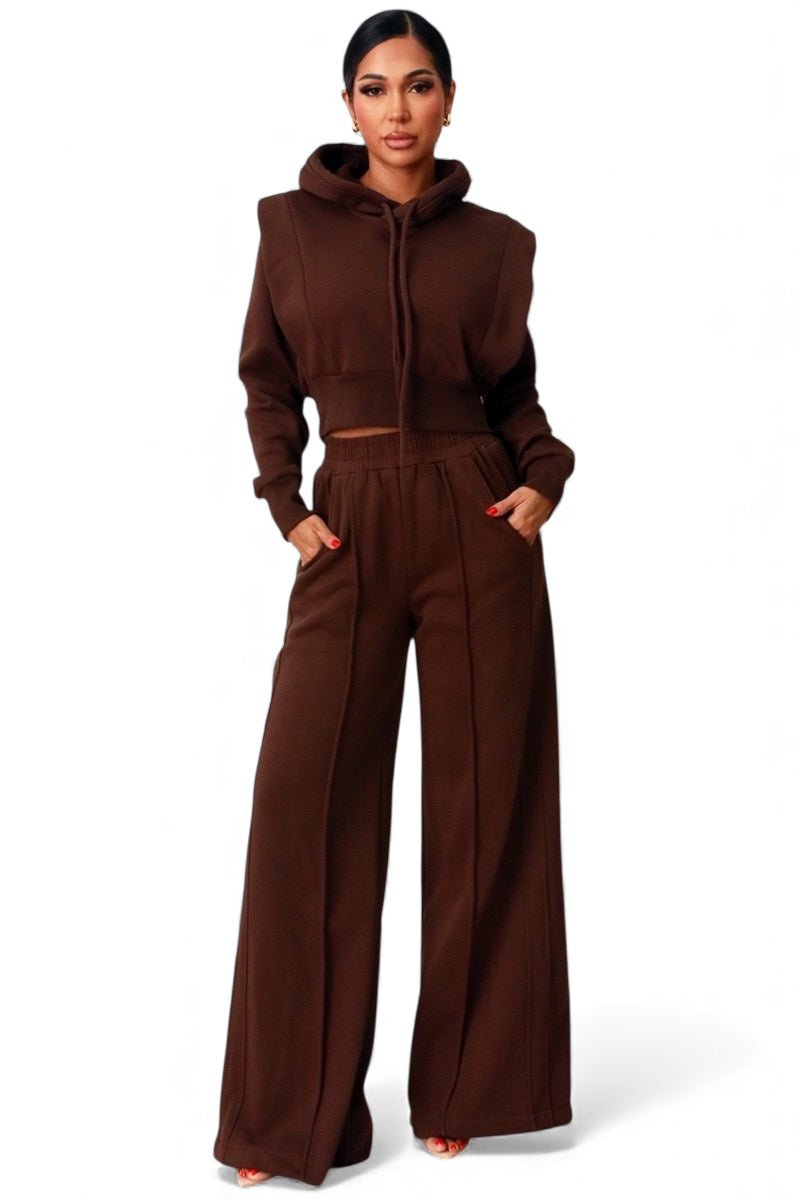 Plush Fashion Hub crop hoodie and wide-leg sweat suit 2-piece set, featuring a casual, comfortable matching loungewear outfit.