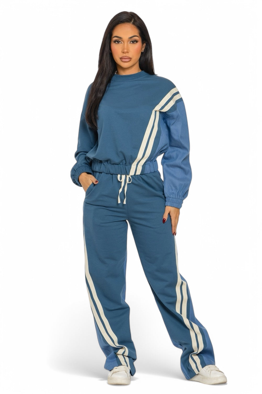 Two-tone long sleeve pants set from Plush Fashion Hub, featuring a stylish two-piece outfit with matching top and pants.