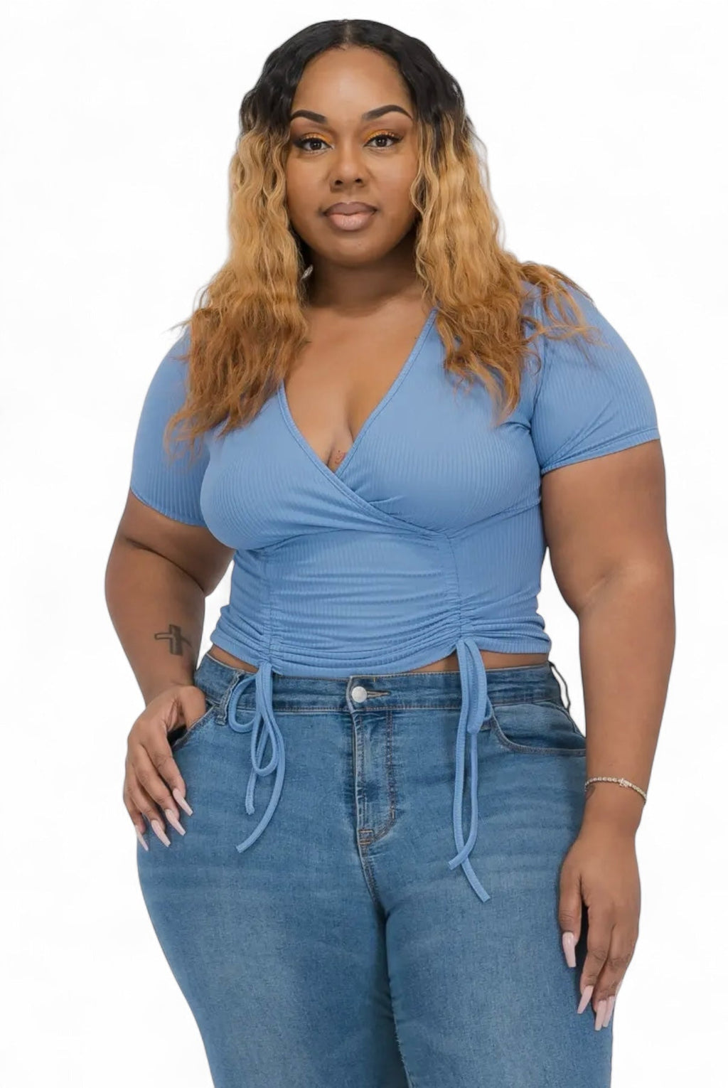 Curvy ribbed ruched drawstring surplice top by The House of Stylez, featuring a fitted design with adjustable drawstrings.