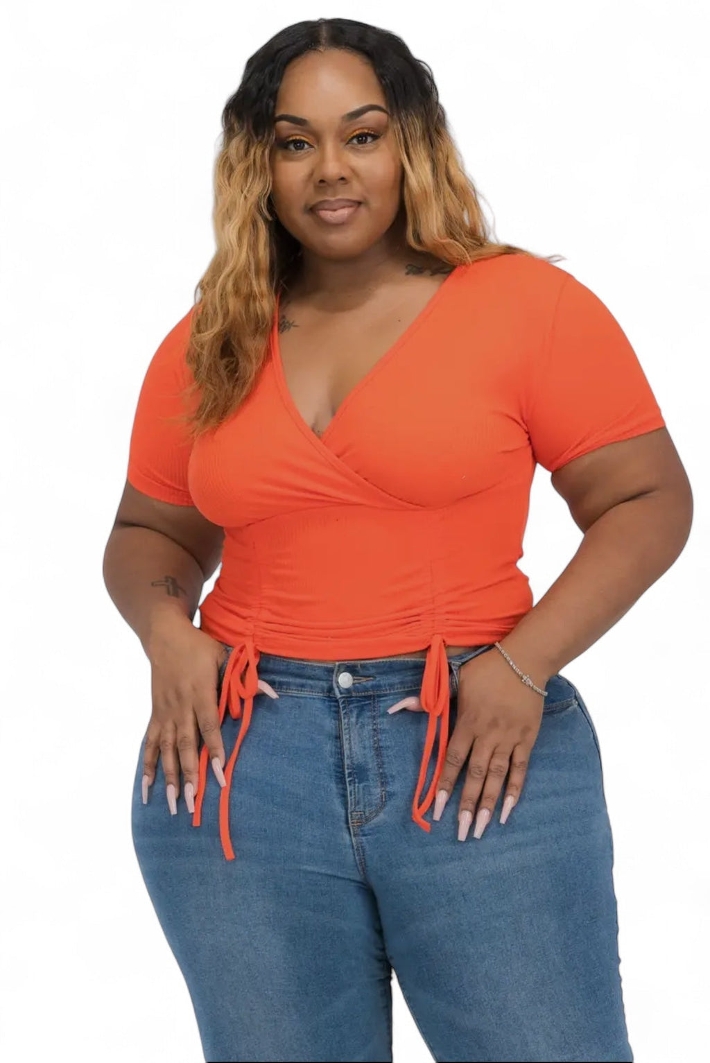 Curvy ribbed ruched drawstring surplice top by The House of Stylez, featuring a fitted design and V-neck detail.