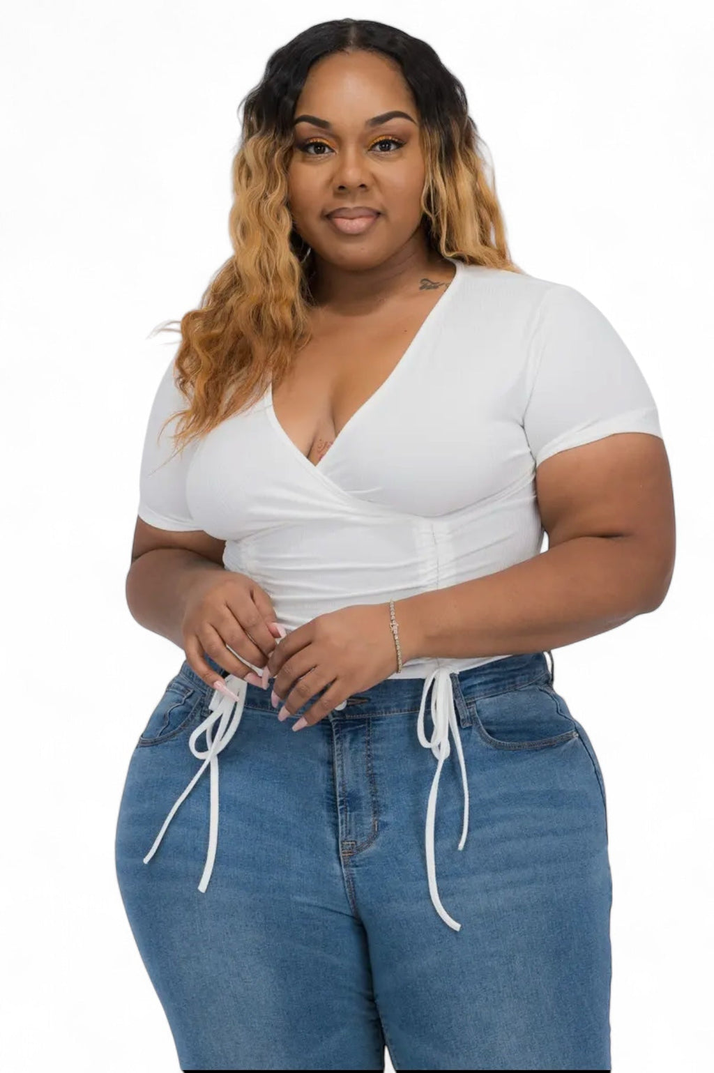 Curvy ribbed ruched drawstring surplice top from The House of Stylez featuring a fitted design and V-neck style.