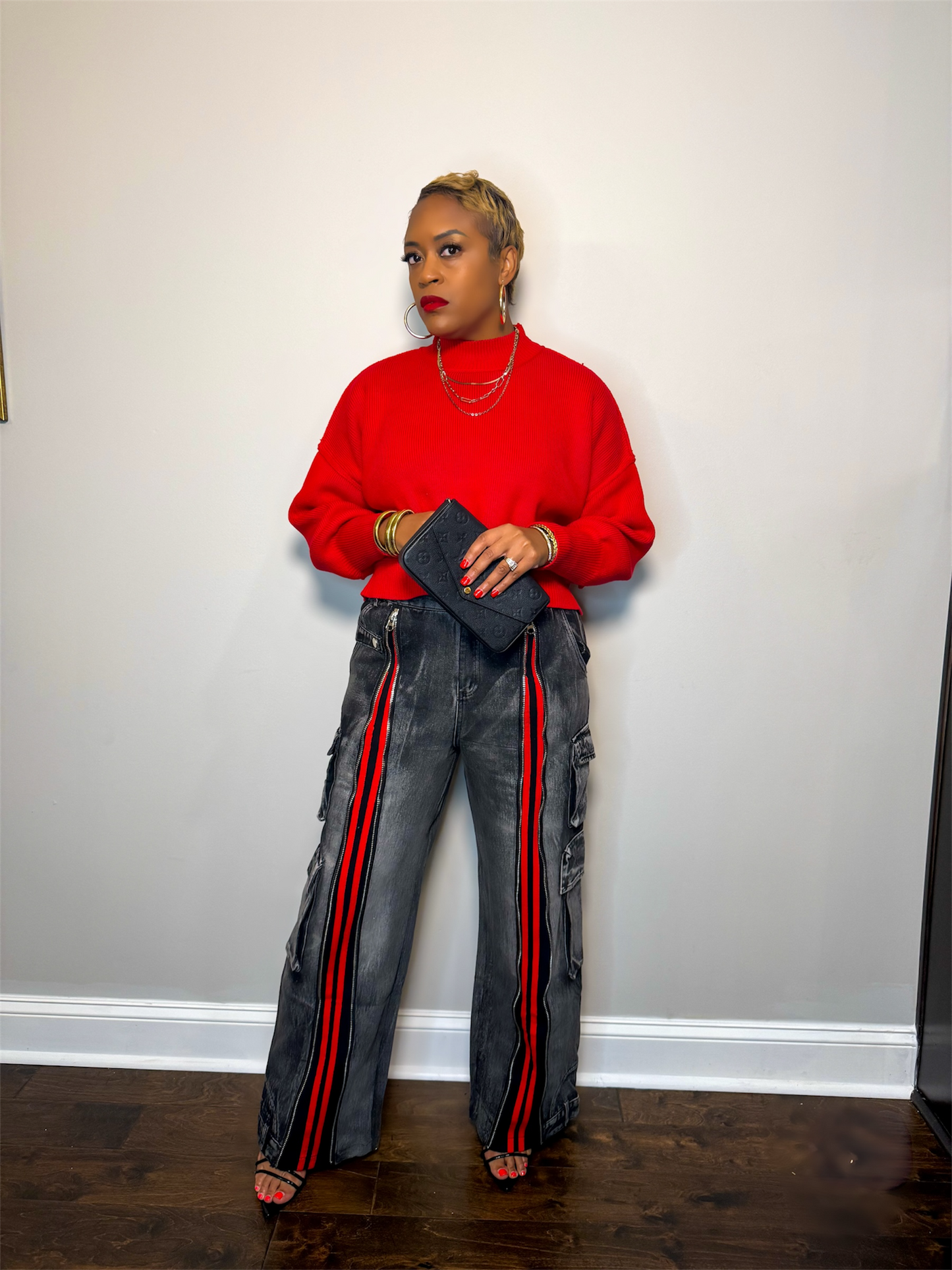 Black & Red Retro Front-Zip Baggy Denim Jeans The Bella Noire Store