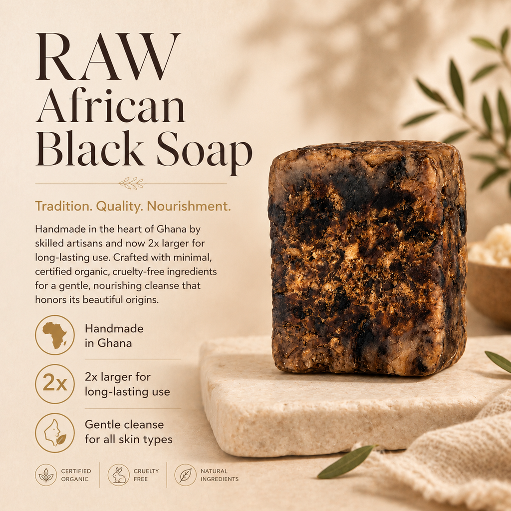 Raw African Black Soap by Timeless Organics Skin Care, showing a natural dark brown soap bar with textured surface.
