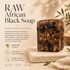 Raw African Black Soap by Timeless Organics Skin Care, showing a natural dark brown soap bar with textured surface.
