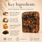 Raw African Black Soap from Timeless Organics Skin Care, showing a bar of natural black soap with a textured surface.