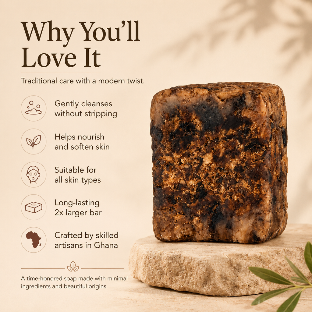 Raw African Black Soap by Timeless Organics Skin Care, showing a natural dark soap bar with textured surface and packaging.