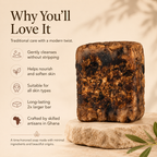 Raw African Black Soap by Timeless Organics Skin Care, showing a natural dark soap bar with textured surface and packaging.