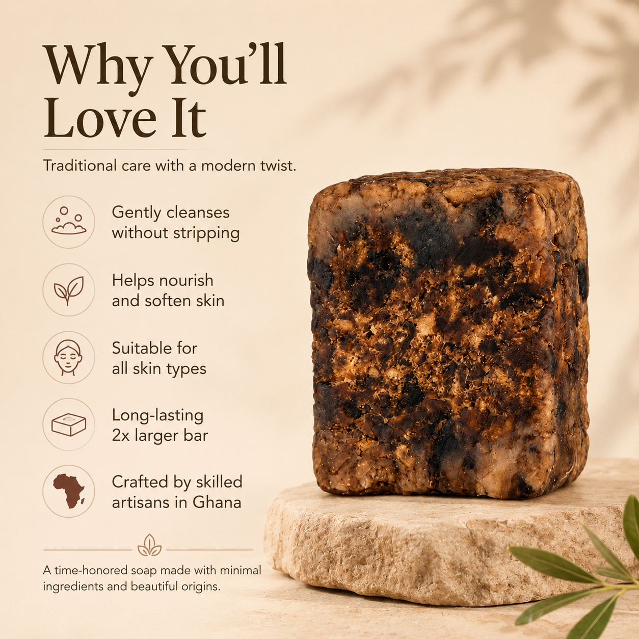 Raw African Black Soap by Plush Fashion Hub, close-up of the dark natural soap bar on a neutral background.
