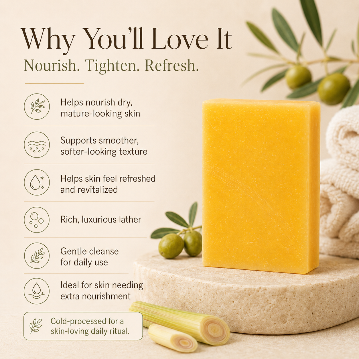 Bar of Timeless Organics Skin Care Olive Oil and Lemongrass Anti-Aging Bar soap with natural ingredients and herbal infusion.