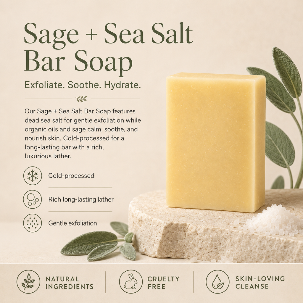 Timeless Organics Skin Care Sage and Sea Salt Exfoliating Bar Soap with natural ingredients and textured surface for gentle scrubbing.