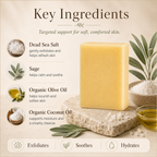 Timeless Organics Skin Care sage and sea salt exfoliating bar soap with natural ingredients and textured surface.