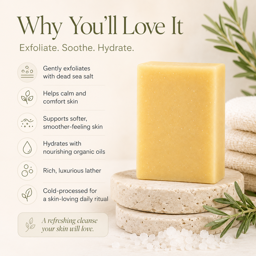 Timeless Organics Skin Care Sage and Sea Salt Exfoliating Bar Soap with natural ingredients and textured surface.