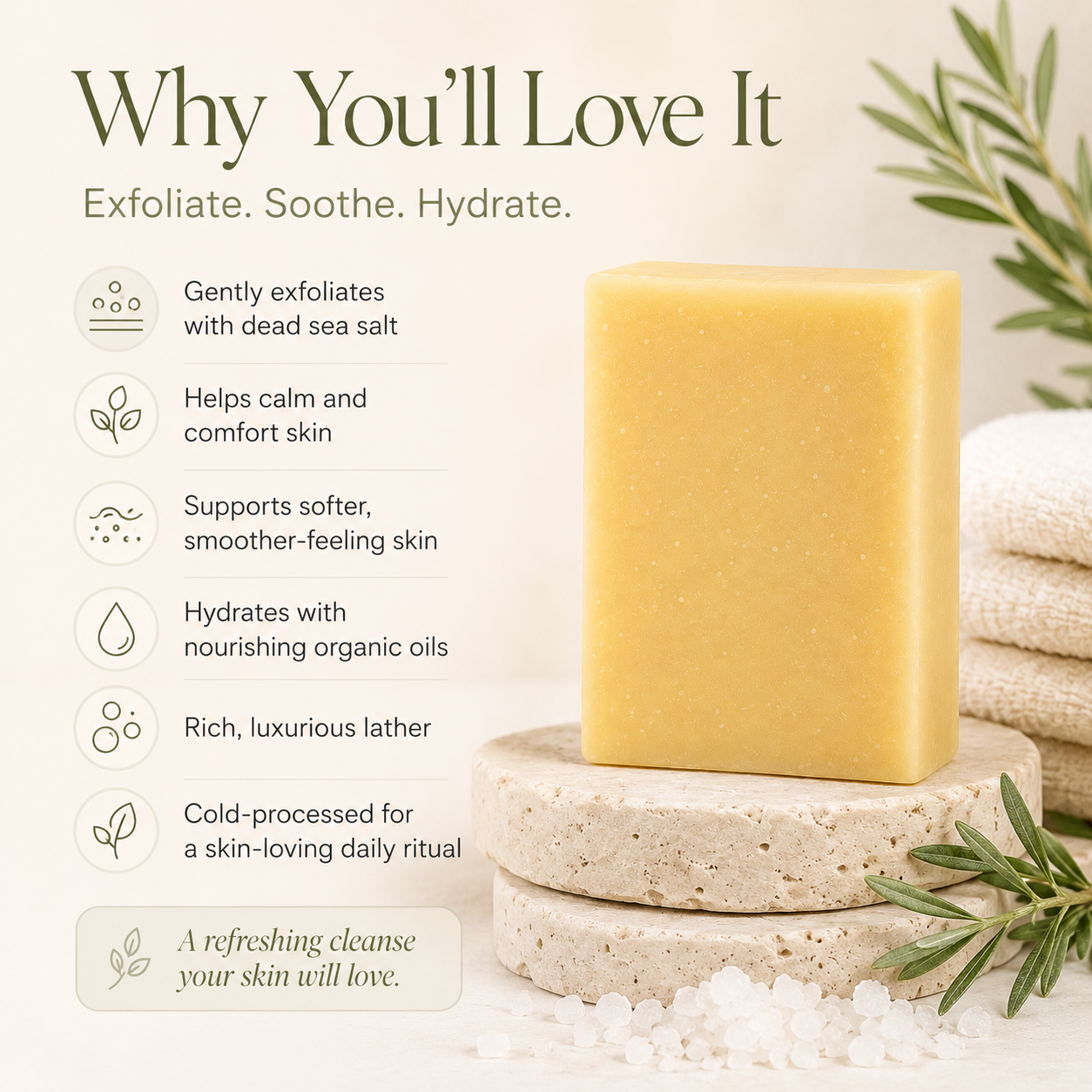 Plush Fashion Hub sage and sea salt exfoliating bar soap with textured surface and natural ingredients for gentle cleansing.