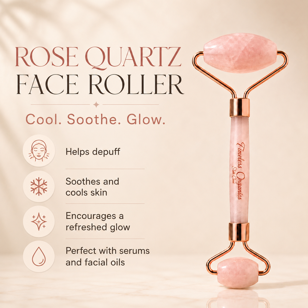 Timeless Organics Skin Care rose quartz facial roller device with dual rollers for facial massage and skin rejuvenation.