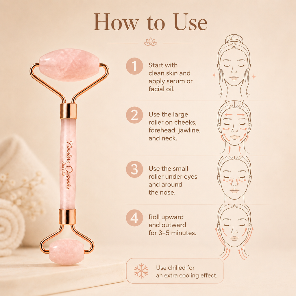 Timeless Organics Skin Care Rose Quartz facial roller device with smooth stone rolling surface for facial massage and skincare.