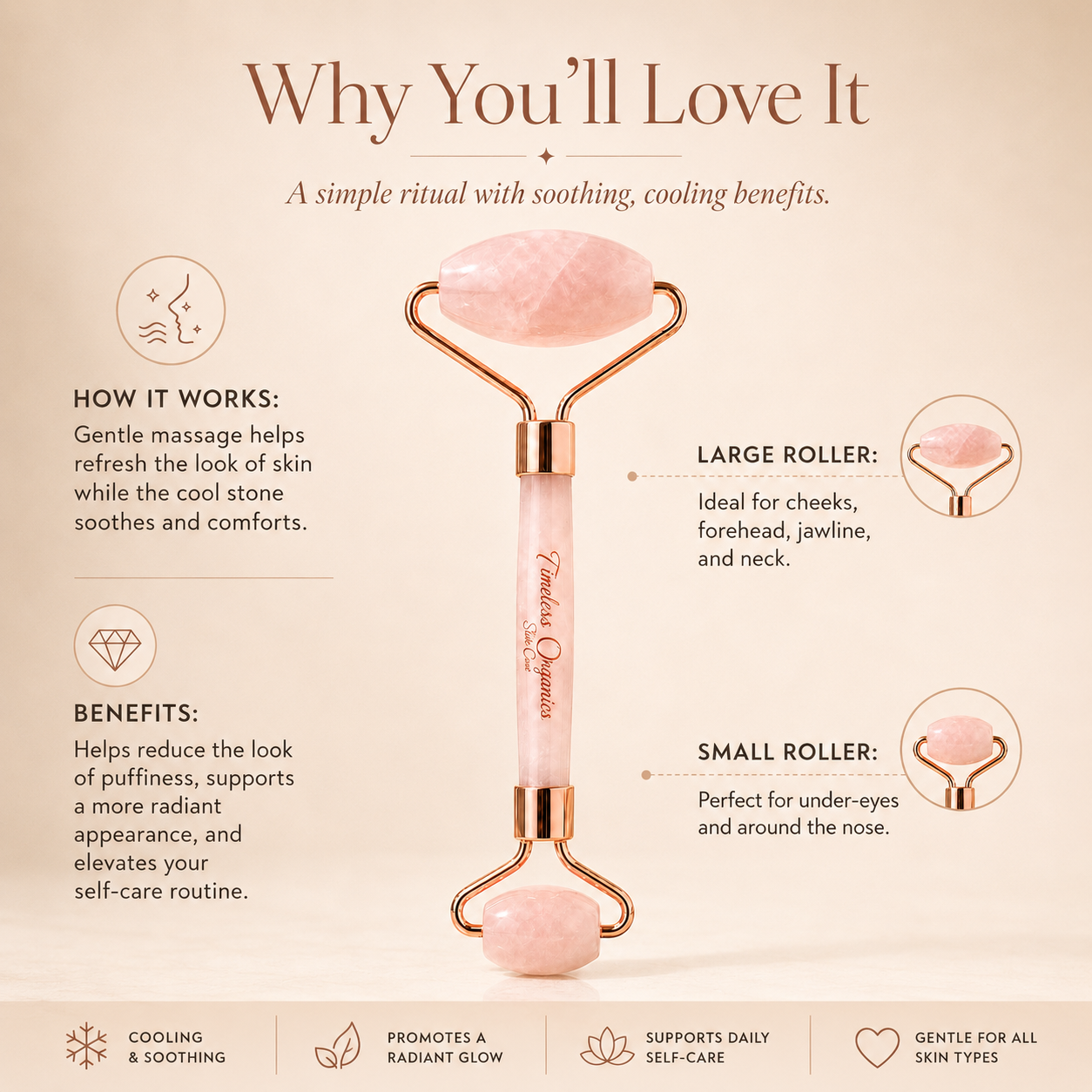 Rose quartz facial roller device by Plush Fashion Hub, showing a smooth, handheld skincare tool with a rounded roller head.
