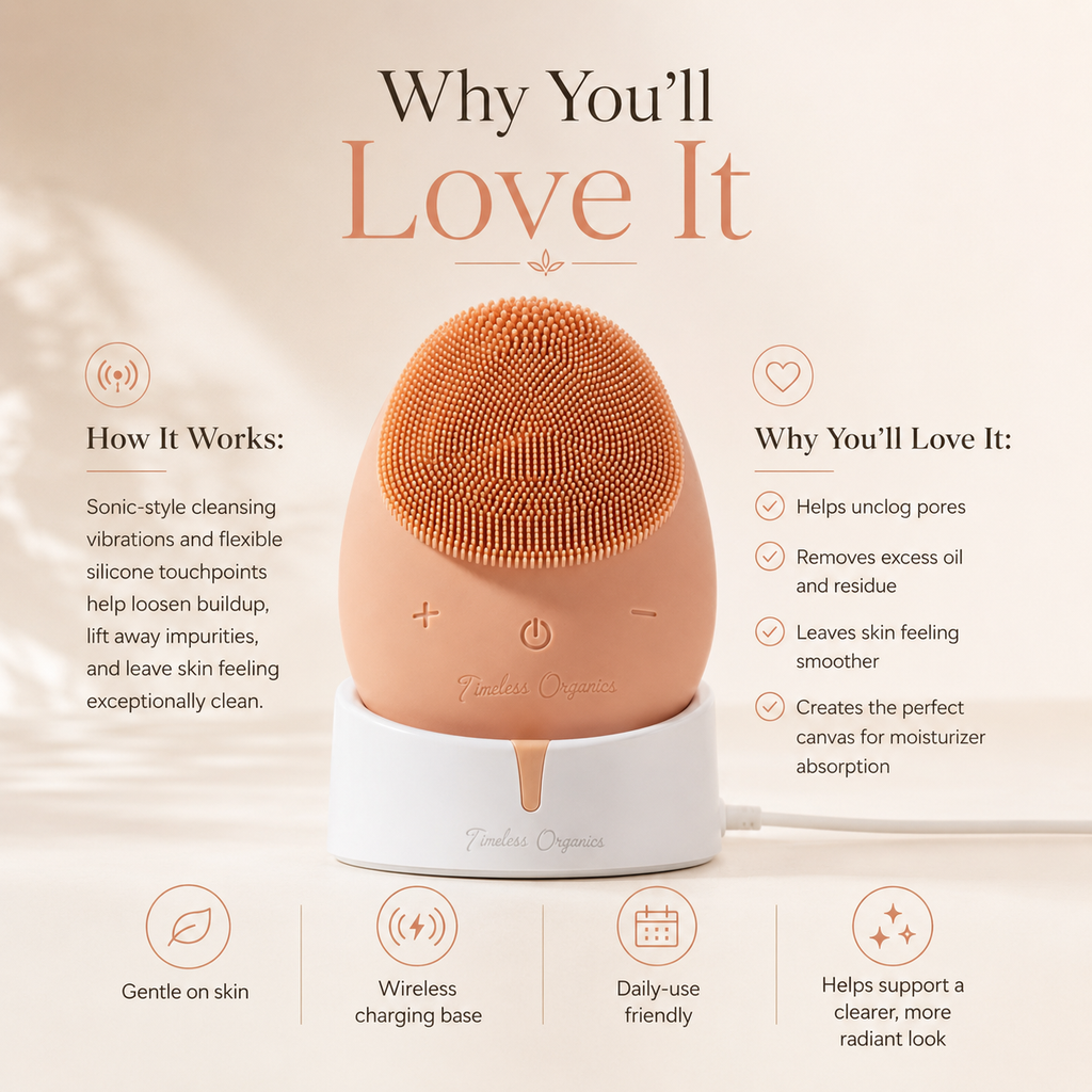 Timeless Facial Cleansing Brush device by Timeless Organics Skin Care with soft bristles for gentle facial cleansing.