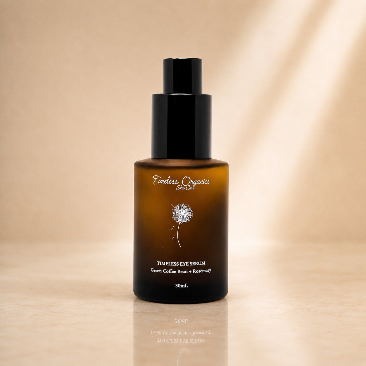 Close-up of Plush Fashion Hub Timeless Eye Serum bottle with dropper applicator on a neutral background.