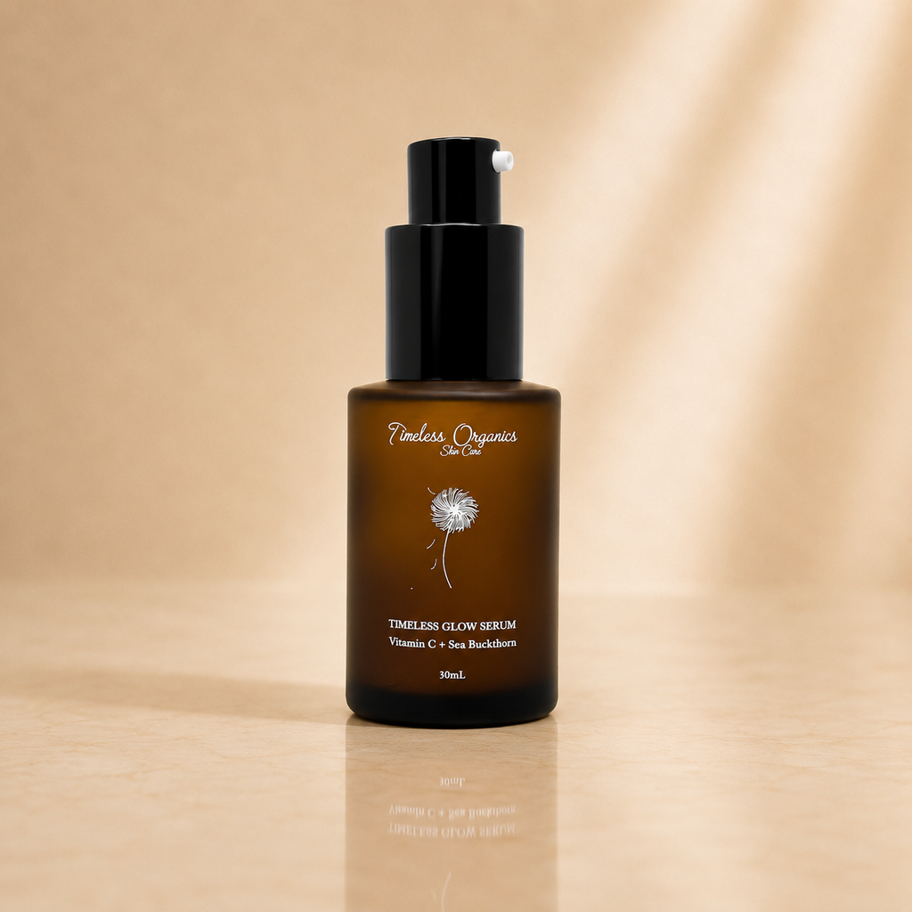 Plush Fashion Hub Timeless Glow Serum in a sleek glass bottle with a dropper, showcasing a luxurious skincare product.