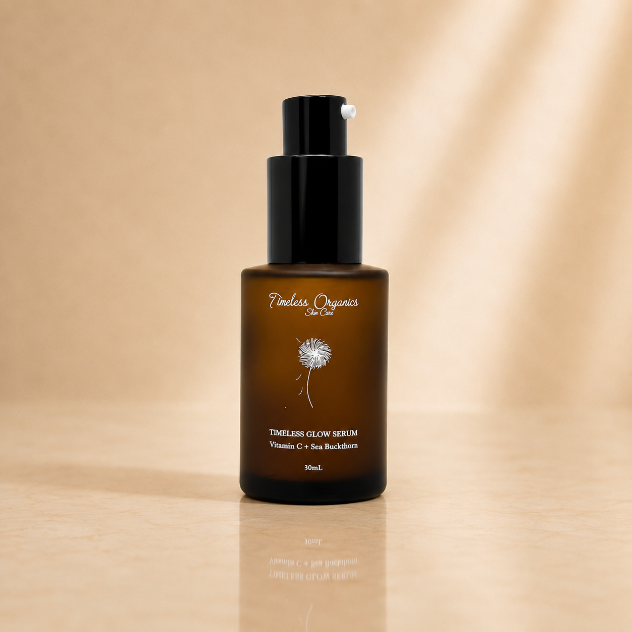 Plush Fashion Hub Timeless Glow Serum in a sleek glass bottle with a dropper, showcasing a luxurious skincare product.