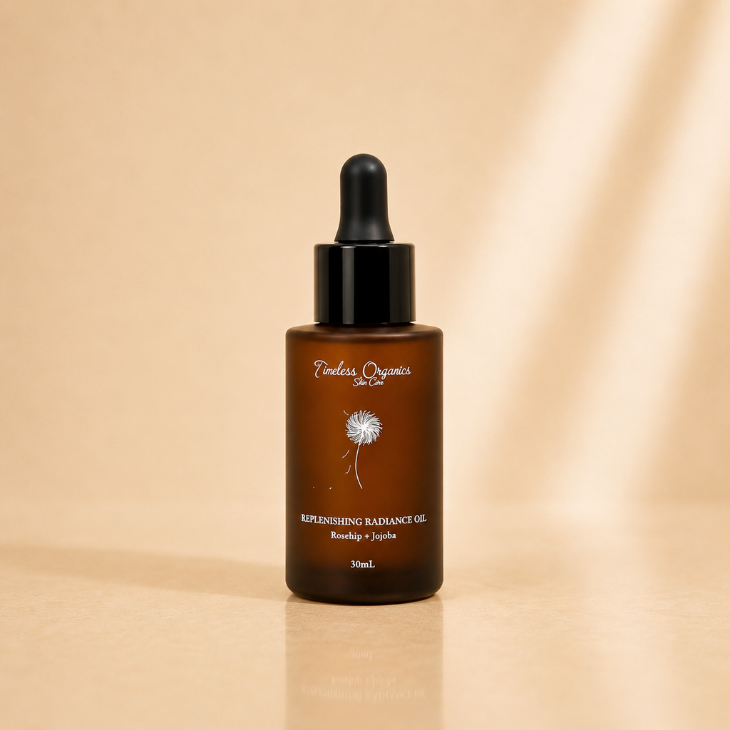 Replenishing Radiance Oil serum by Timeless Organics Skin Care, featuring a dropper bottle with golden oil and natural botanical ingredients.