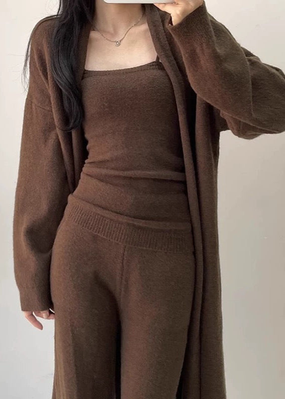 PAINEVIDA soft casual knitted long cardigan, camisole, and pants 3-piece suit, shown on a model. Comfortable, stylish loungewear set.