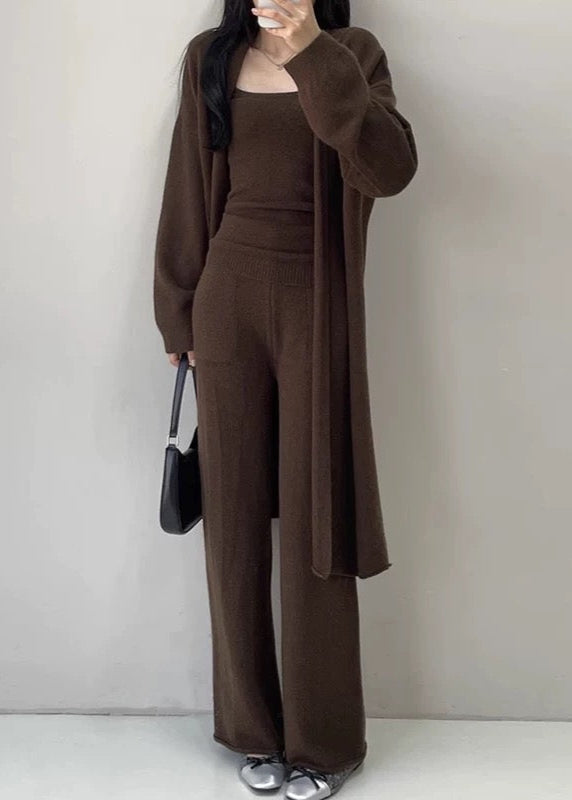 Soft knitted long cardigan, camisole, and pants set by PAINEVIDA, casual sweater three-piece suit, styled for comfort and elegance.