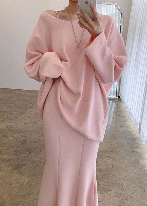 Soft Long-Sleeved Sweatshirt & Hip-Wrapped Fishtail Skirt Set