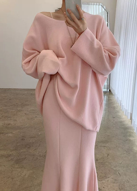 Soft Long-Sleeved Sweatshirt & Hip-Wrapped Fishtail Skirt Set