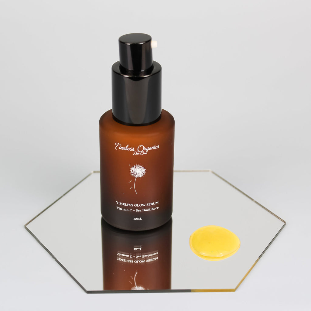 Timeless Organics Skin Care Timeless Glow Serum bottle with dropper, highlighting a luxurious skincare product for radiant skin.
