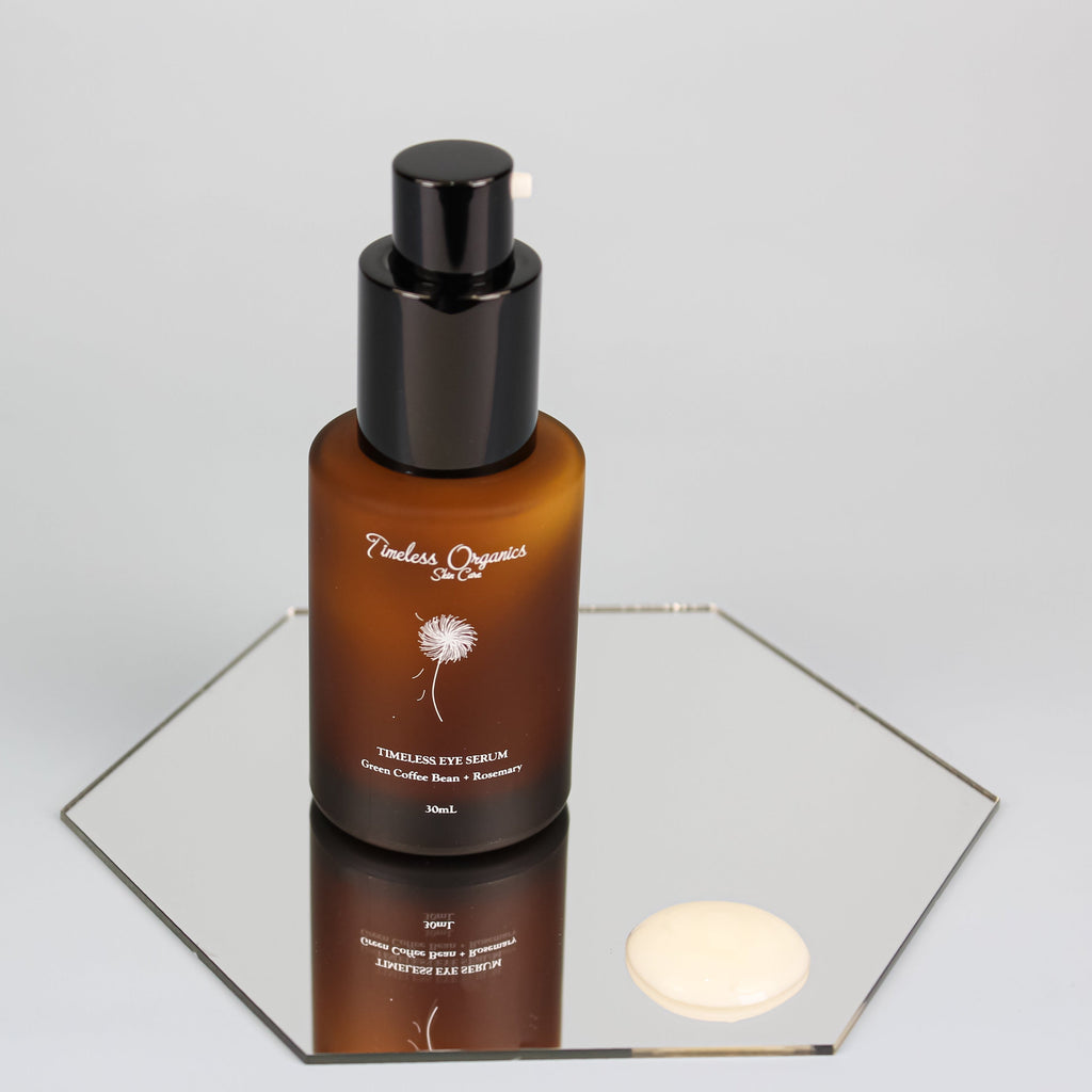 Timeless Organics Skin Care Timeless Eye Serum in a small glass dropper bottle with serum inside, designed for eye area skincare.