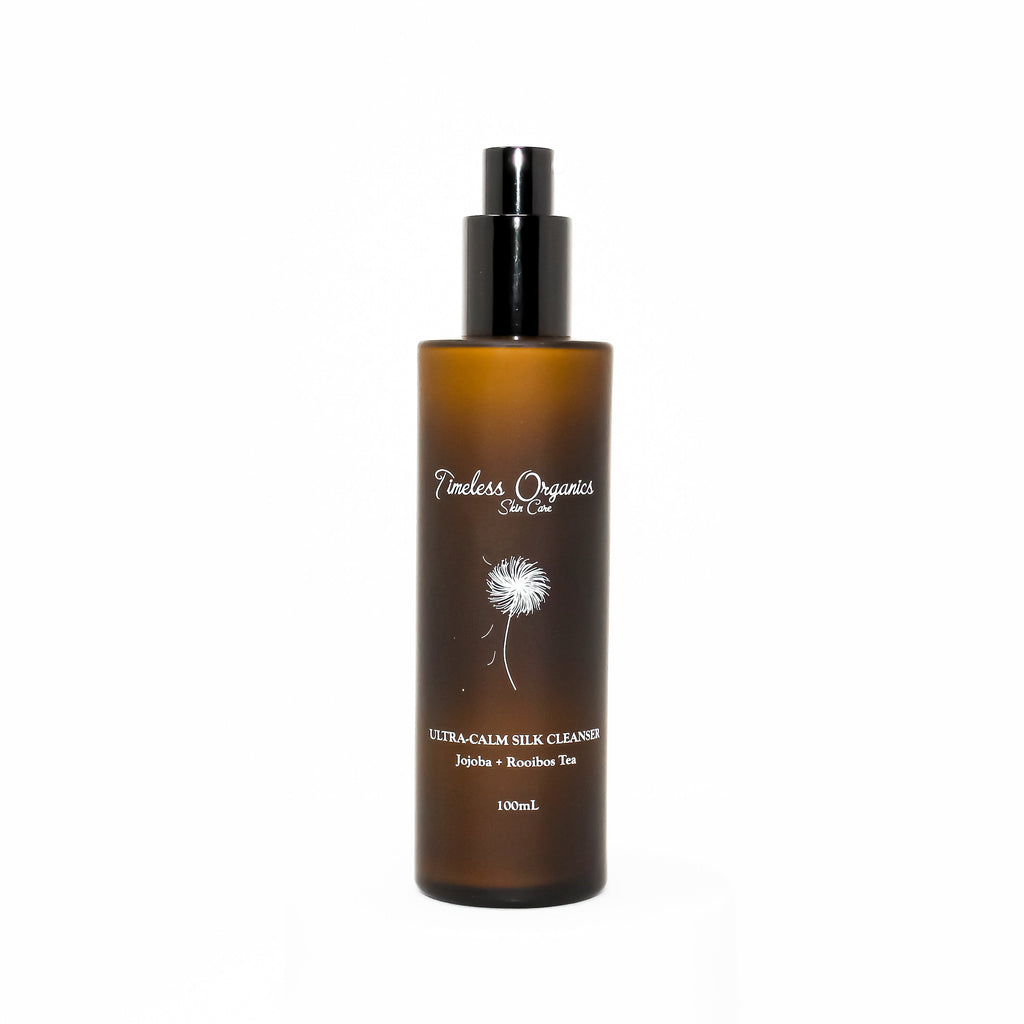 Timeless Organics Skin Care Ultra-Calm Silk Cleanser in a white bottle, gentle formula for sensitive skin, with a soft pump top.