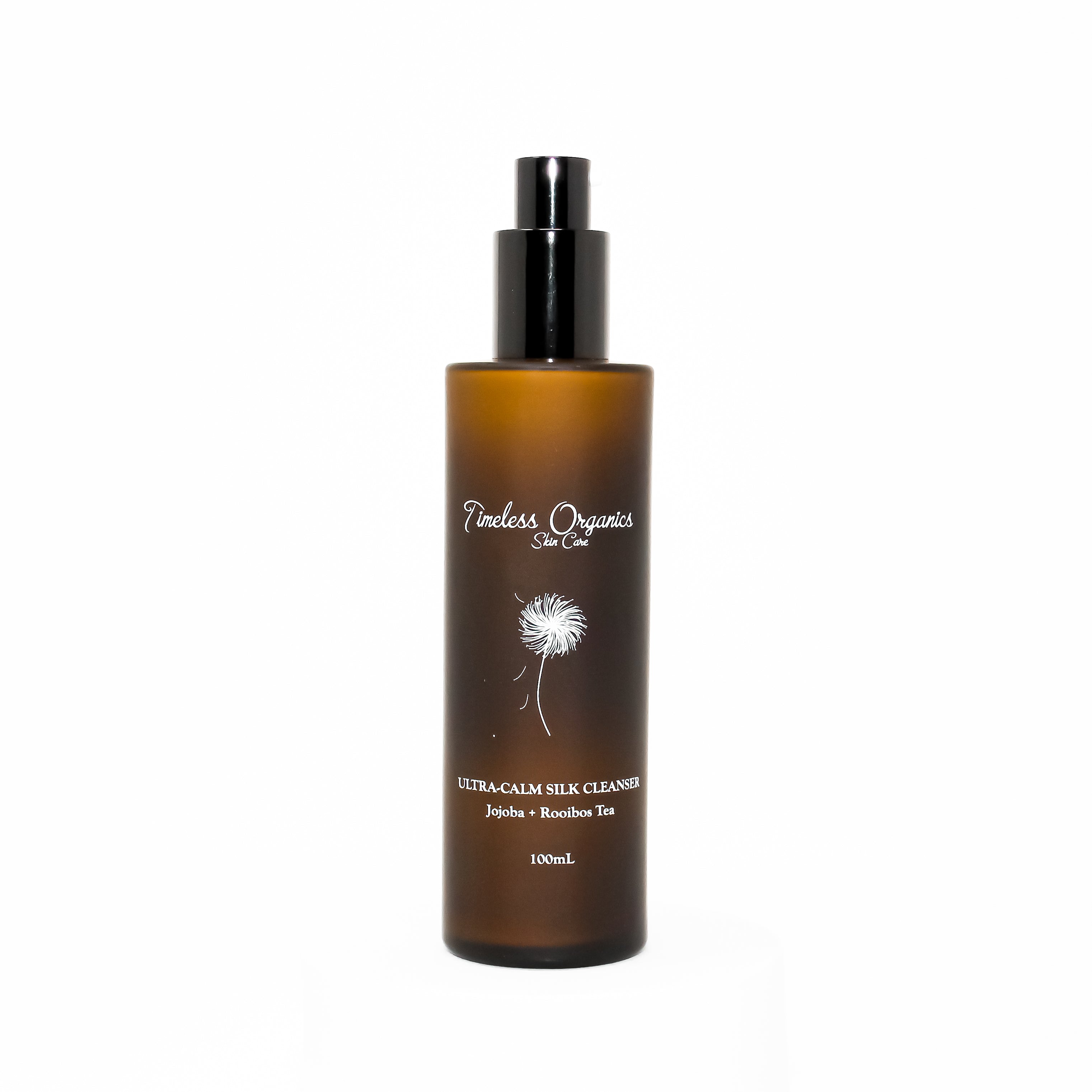 Timeless Organics Skin Care Ultra-Calm Silk Cleanser in a white bottle, gentle formula for sensitive skin, with a soft pump top.