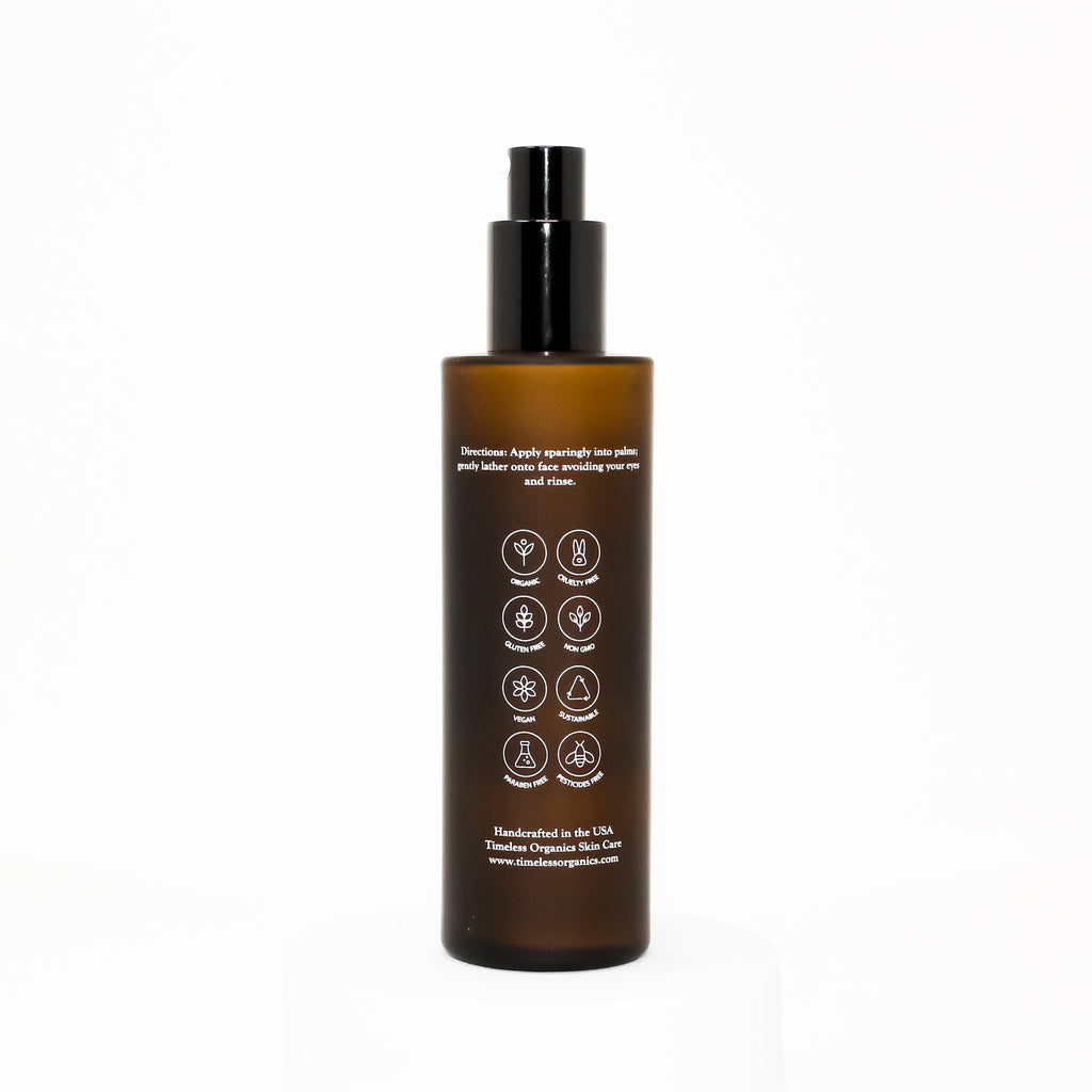 Timeless Organics Ultra-Calm Silk Cleanser bottle with a clean, minimalist design, showcasing a gentle skincare product for sensitive skin.