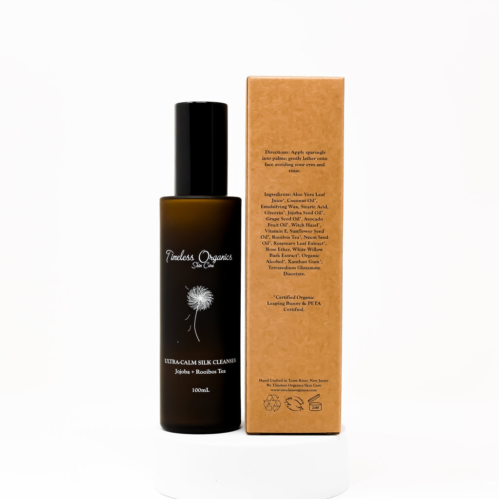 Timeless Organics Skin Care Ultra-Calm Silk Cleanser in a pump bottle, gentle facial cleanser with a silky texture, for calm, refreshed skin.