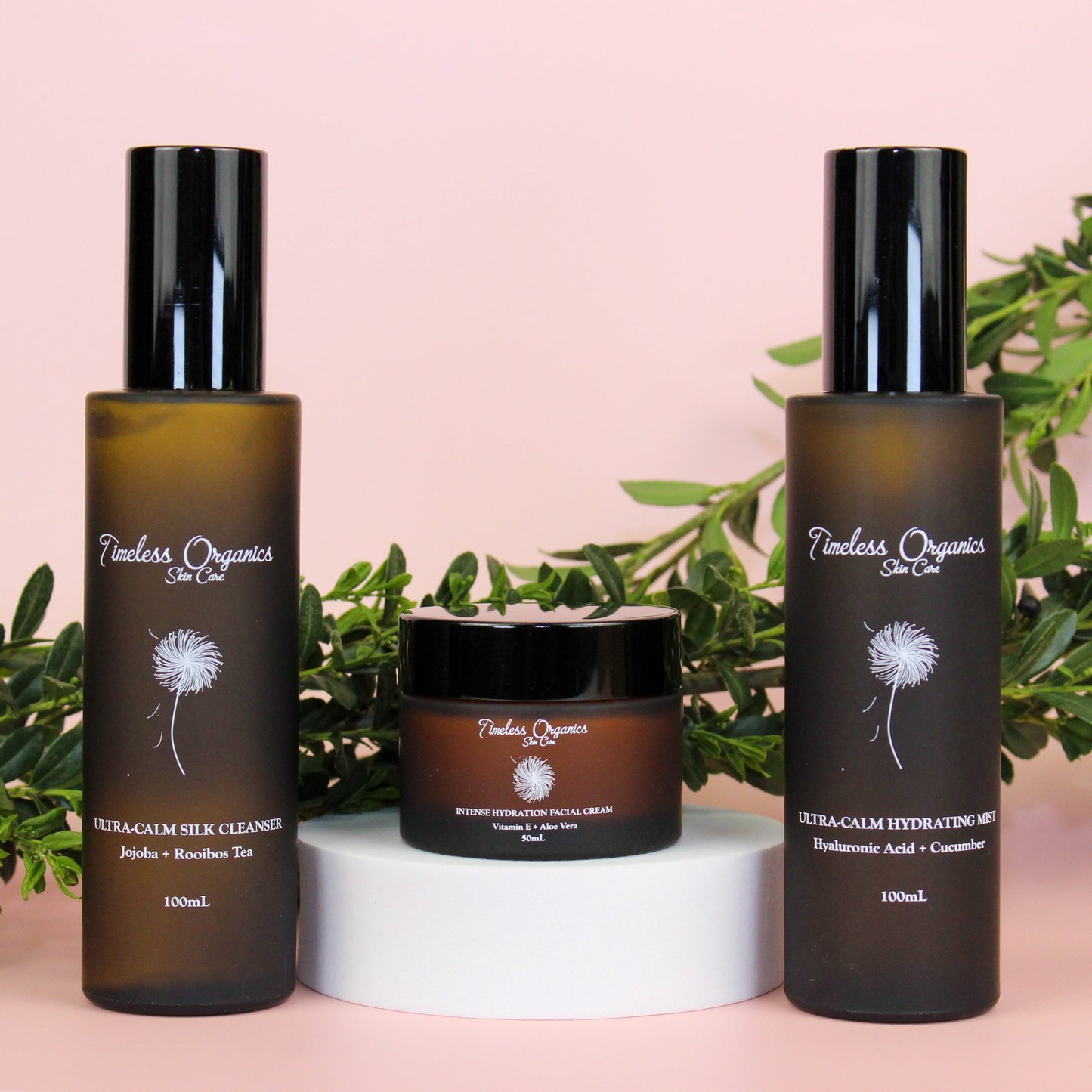 Plush Fashion Hub Ultra Calm Moisturizing Kit with skincare products in a clear bag, suitable for calming and hydrating skin.