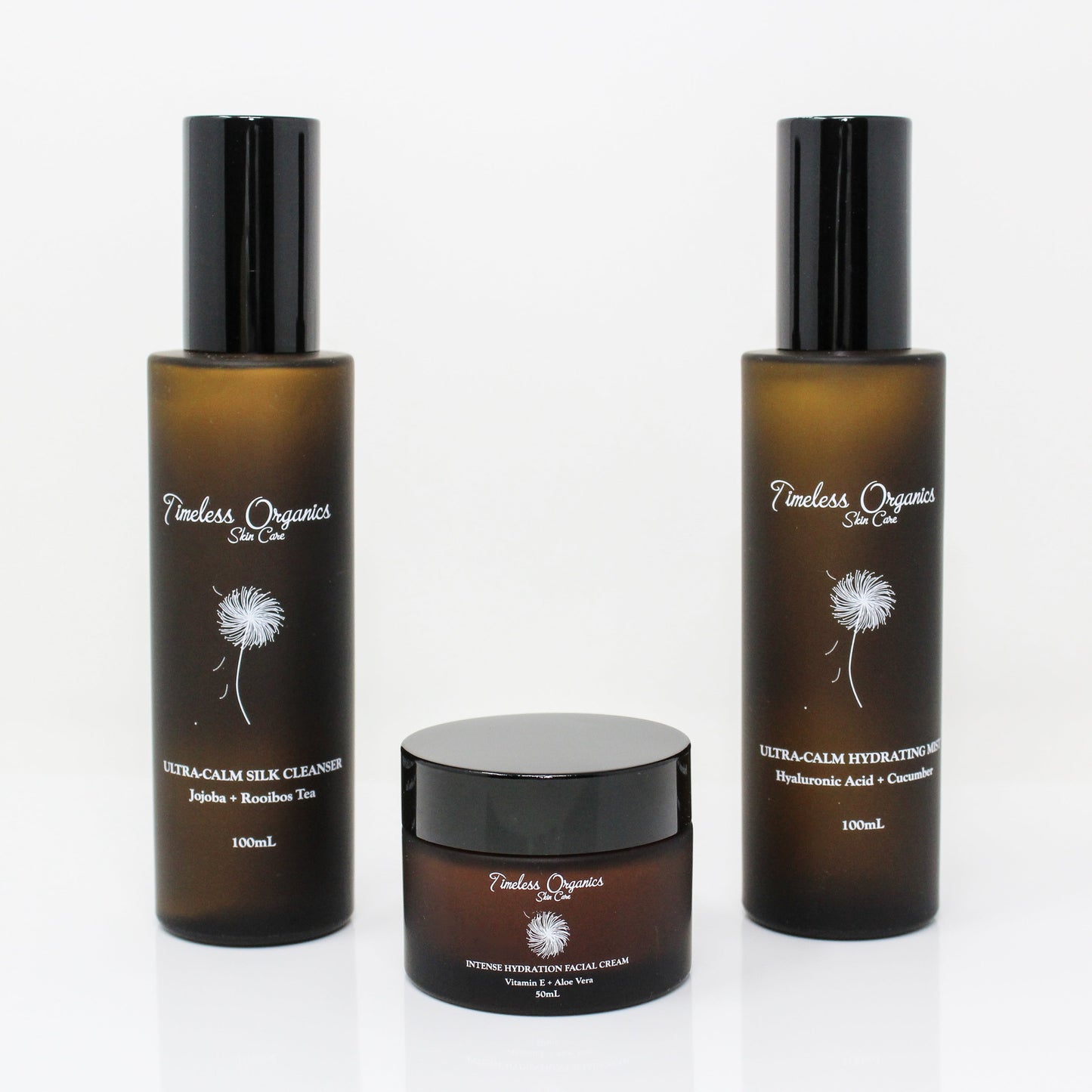 Plush Fashion Hub Ultra Calm Moisturizing Kit with skincare bottles and accessories arranged on a white background.