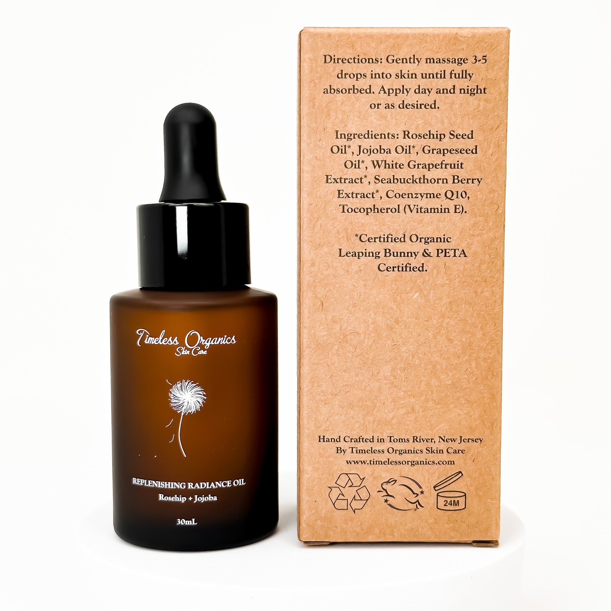 Timeless Organics Skin Care Replenishing Radiance Oil serum in a glass dropper bottle with a clear liquid inside.