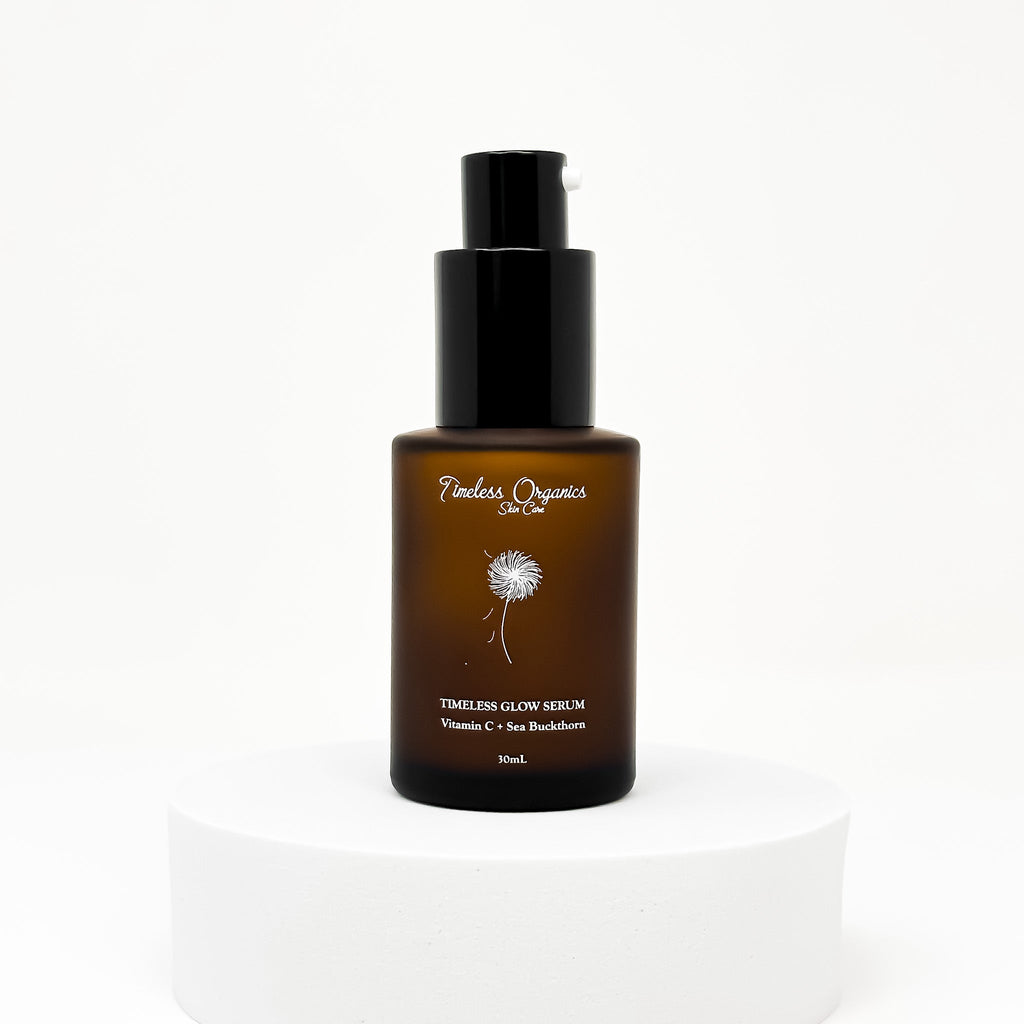 Timeless Organics Skin Care Timeless Glow Serum bottle with dropper for radiant skin, close-up shot of the serum product.