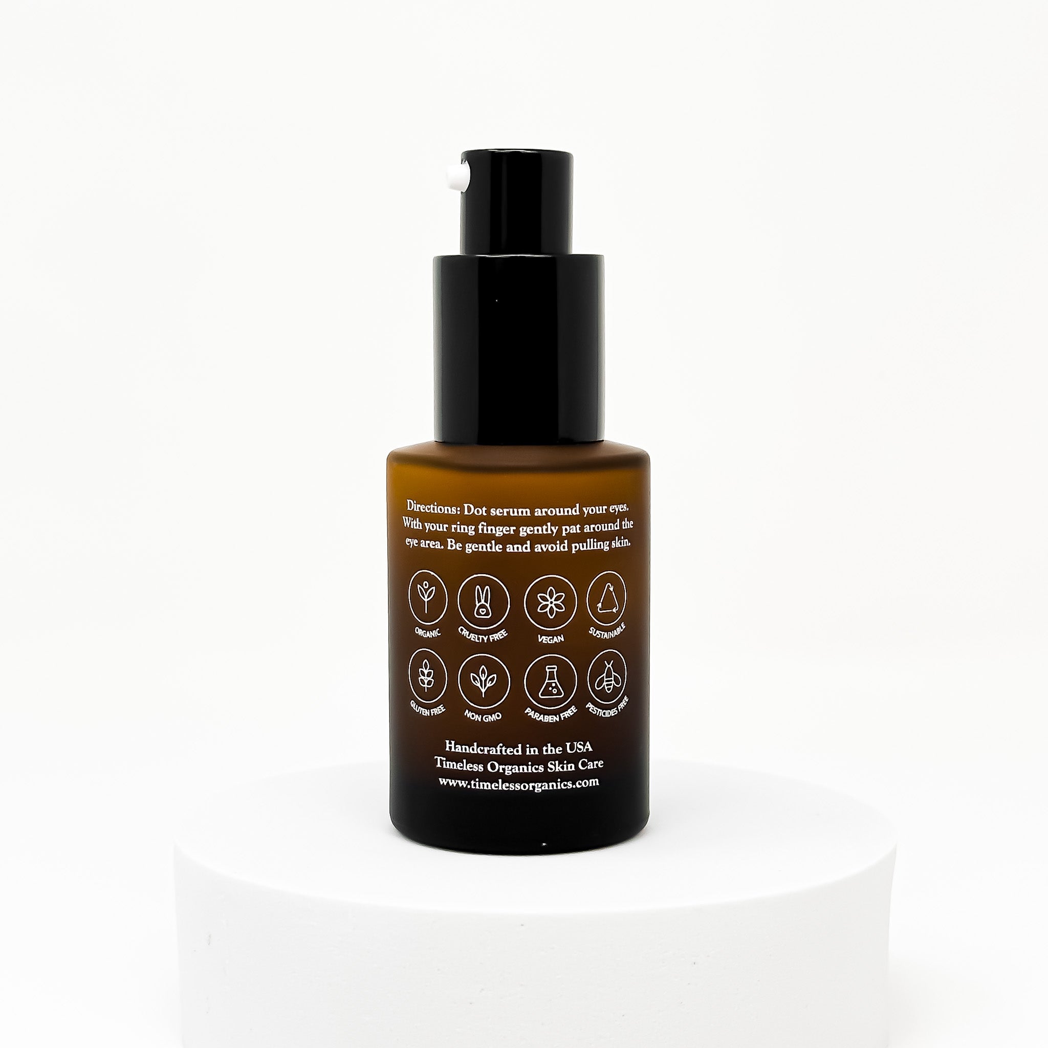 Timeless Organics Skin Care Timeless Eye Serum in a sleek bottle with dropper for skincare around the eyes