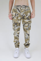 ARMOR JEANS AR1001 light camo cargo joggers pants with multiple pockets and relaxed fit, displayed on a hanger.