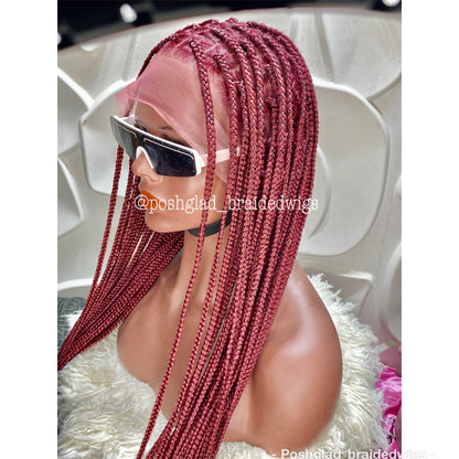 Shade Knotless Braid Wig, Human Hair Full Lace, Burgundy, Glueless Poshglad Braided Wigs