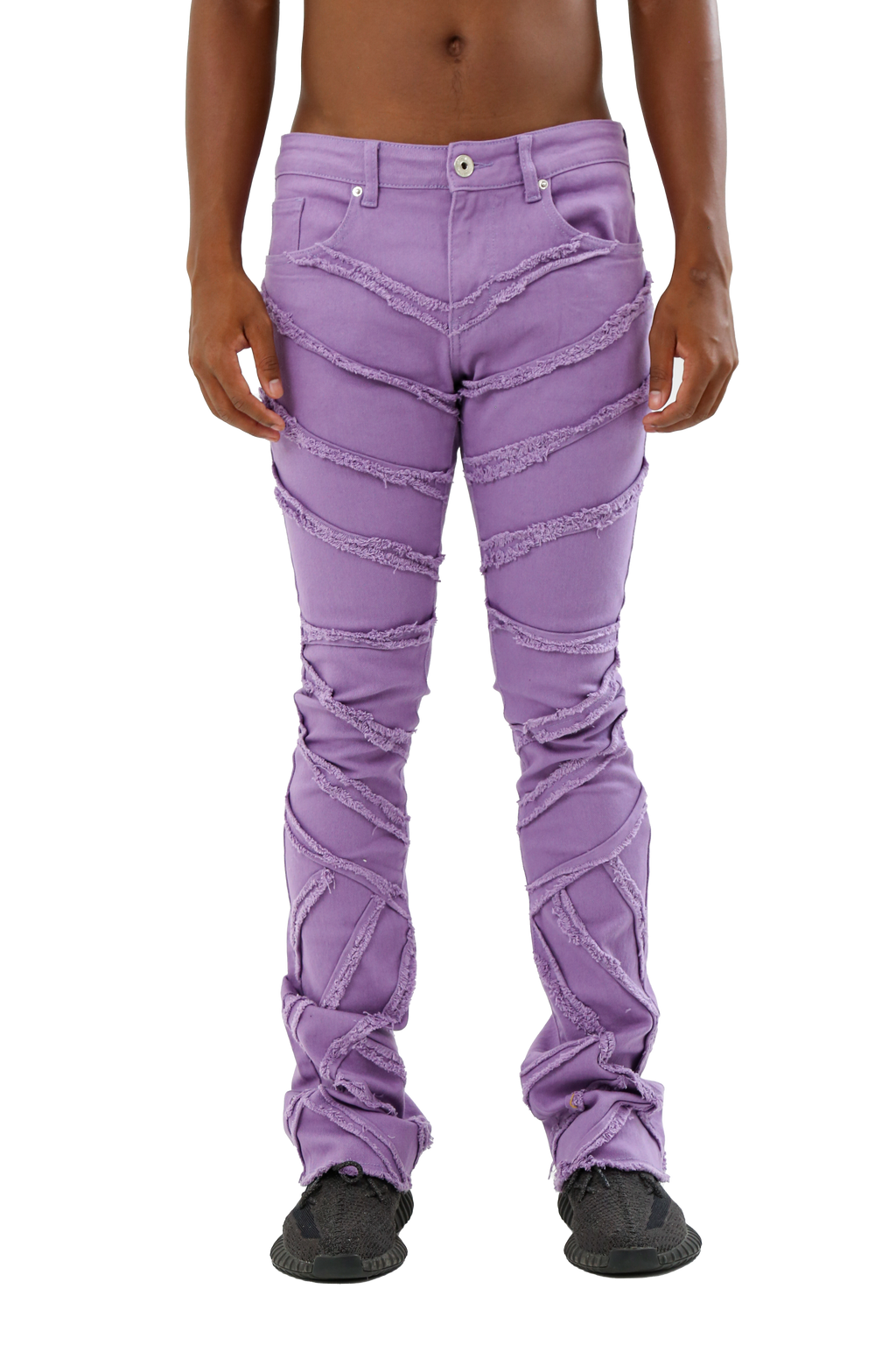 ARMOR JEANS AJS410 shredded stacked jeans, trendy casual pants with distressed details and layered fabric design.