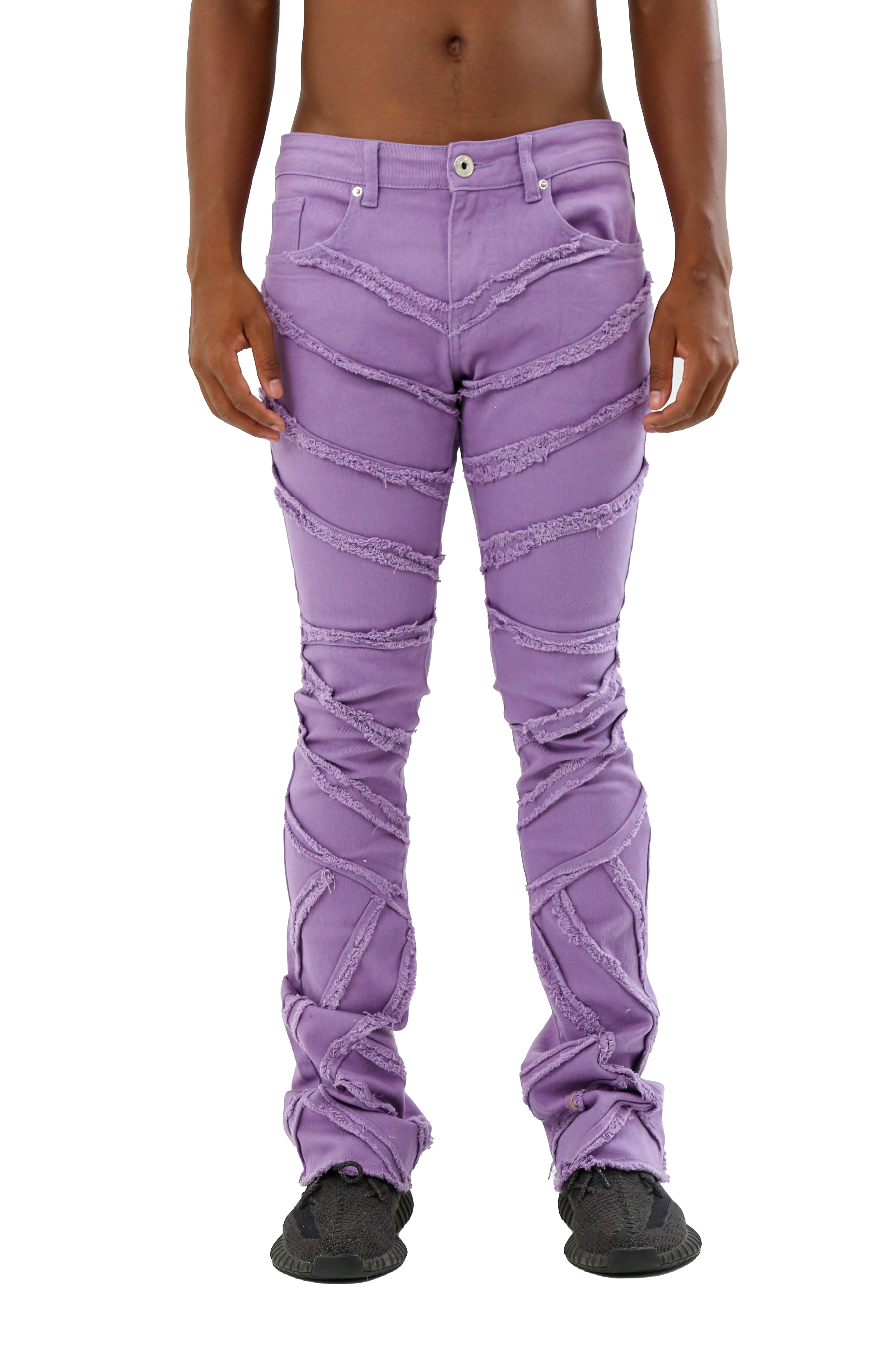 ARMOR JEANS AJS410 shredded stacked jeans, trendy casual pants with distressed details and layered fabric design.