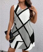 Women’s sleeveless V-neck dress with geometric print, stylish fashion piece from Trendy Attic Store01.