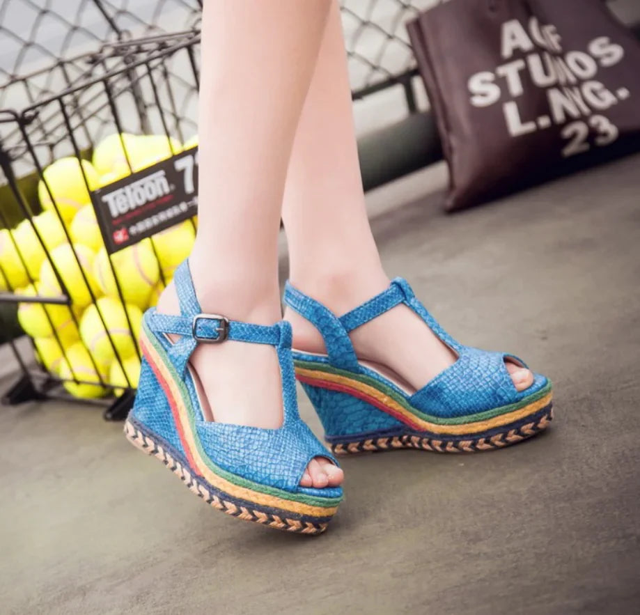 Women’s thick-soled high heel wedge sandals in neutral tones with ankle straps, stylishly designed by Trendy Attic Store01.